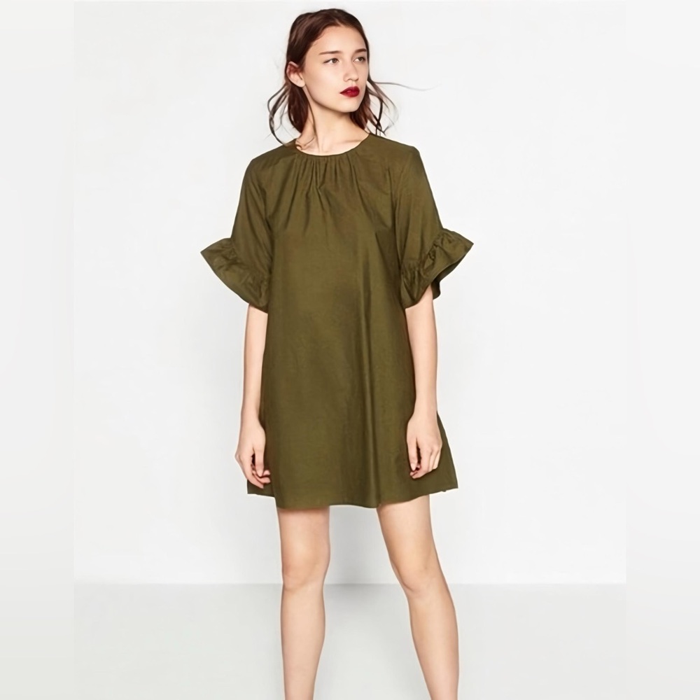 Zara Olive Mini Dress with Ruffle Sleeves